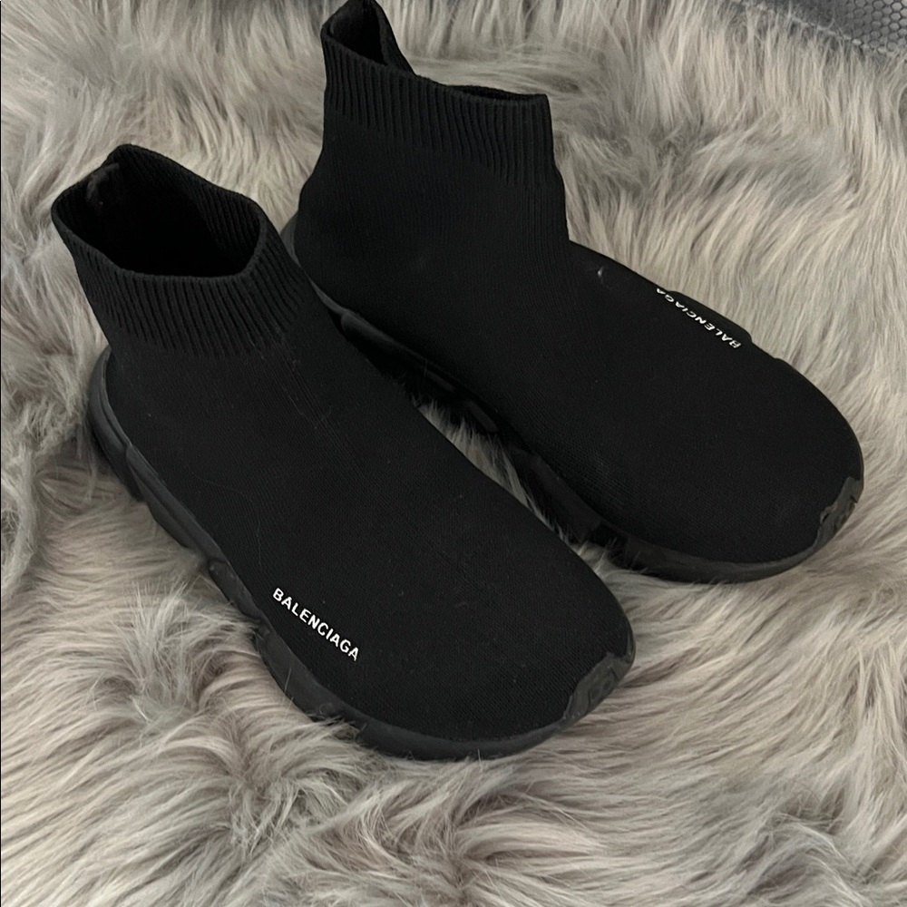 EUC Balenciaga Black Knit Sock Sneakers with White Logo sz 4-4.5